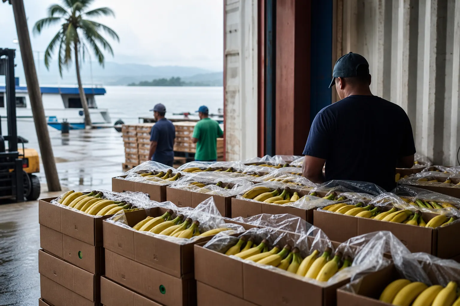 Cajas de banano listas para exportación en puerto tropical