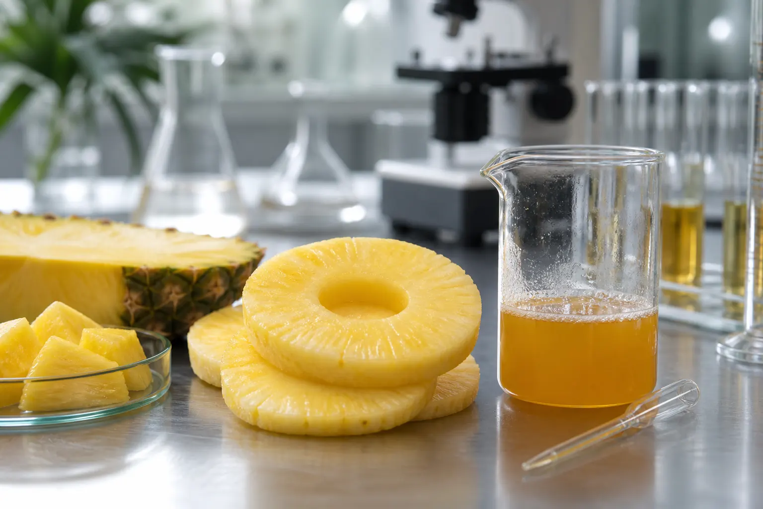Piña fresca y jugo en contexto de uso industrial de bromelina