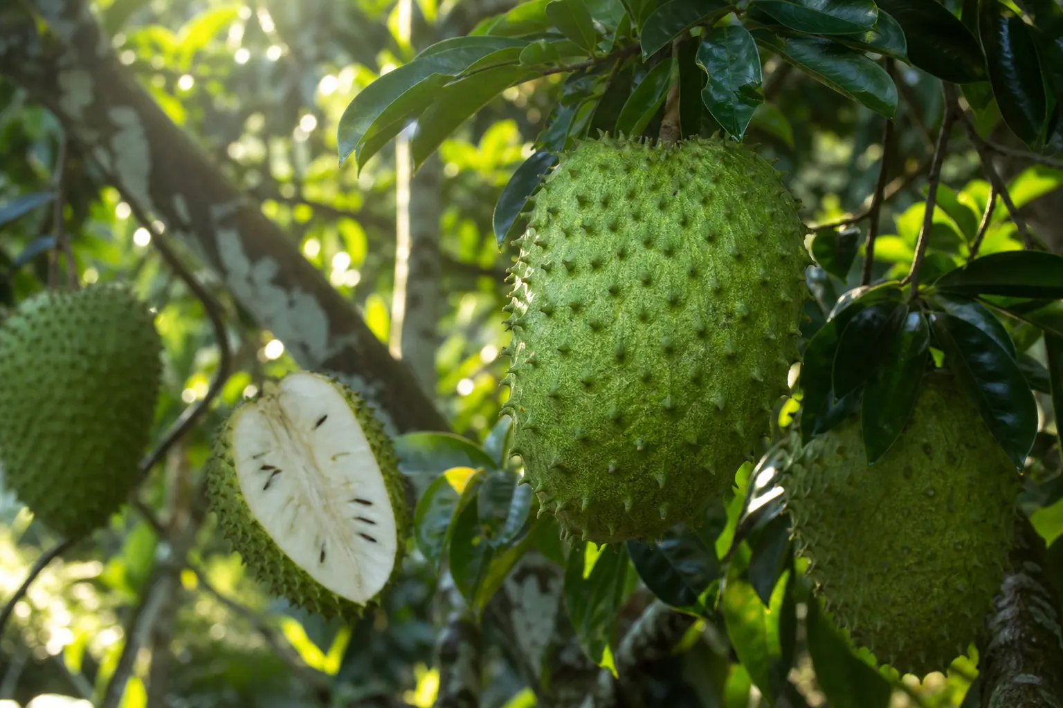Guanábana fresca en el árbol, con pulpa cremosa al corte