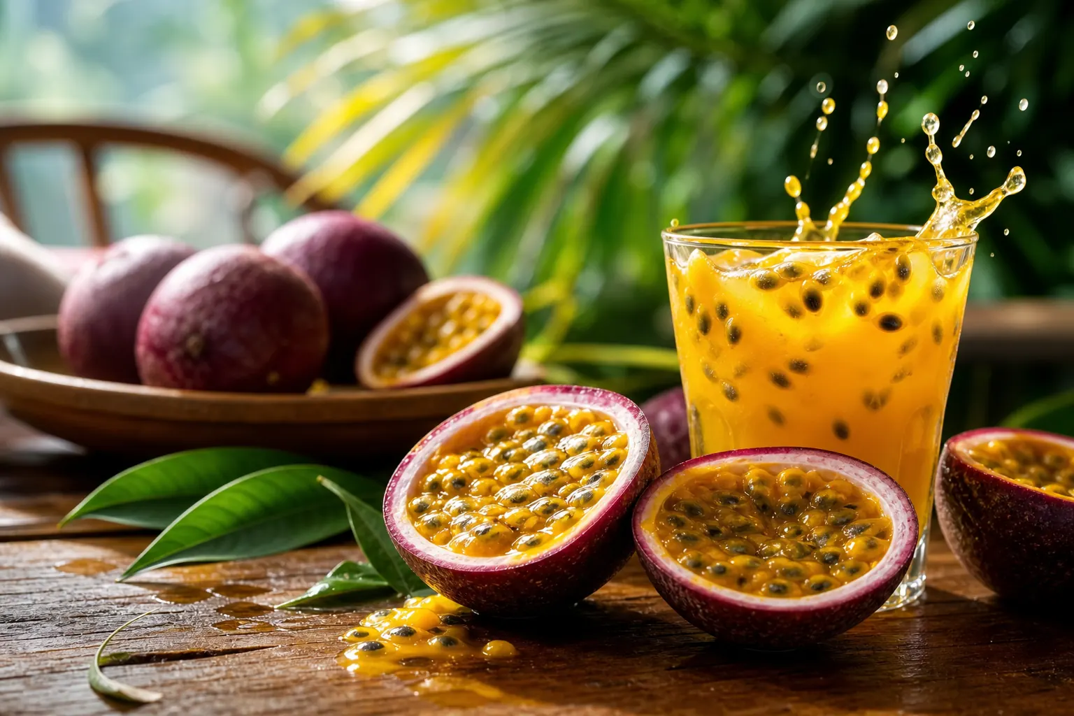 Maracuyá abierta con pulpa y jugo para industria de bebidas