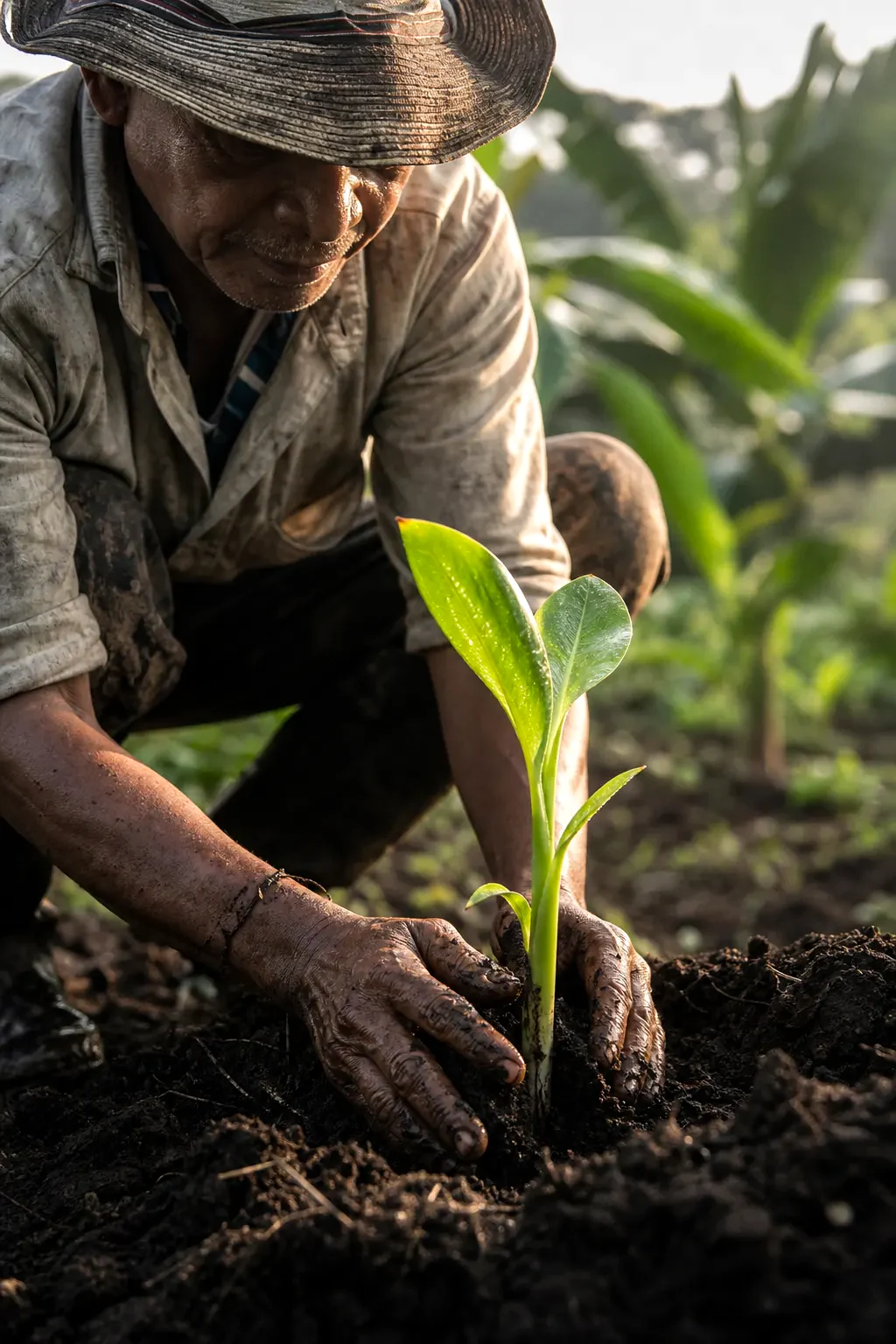 Agricultor sembrando banano en el campo de Urabá para BanaTropic Exporting