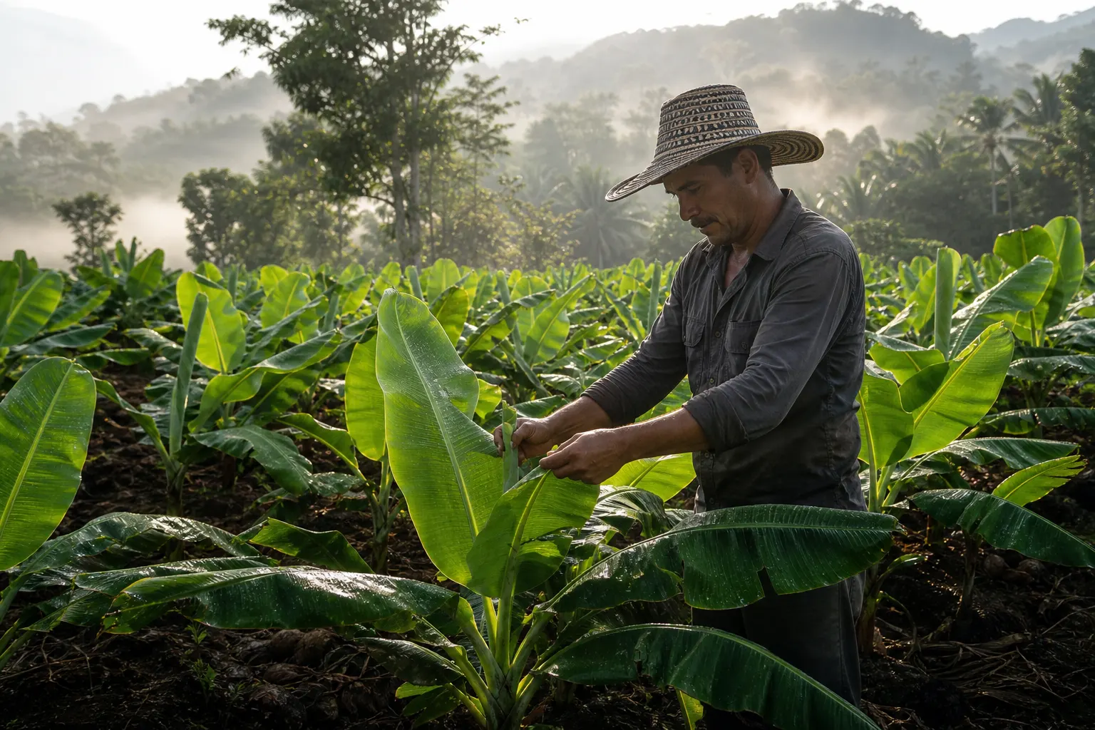 Agricultor cuidando plantación de banano en el eje bananero de Urabá