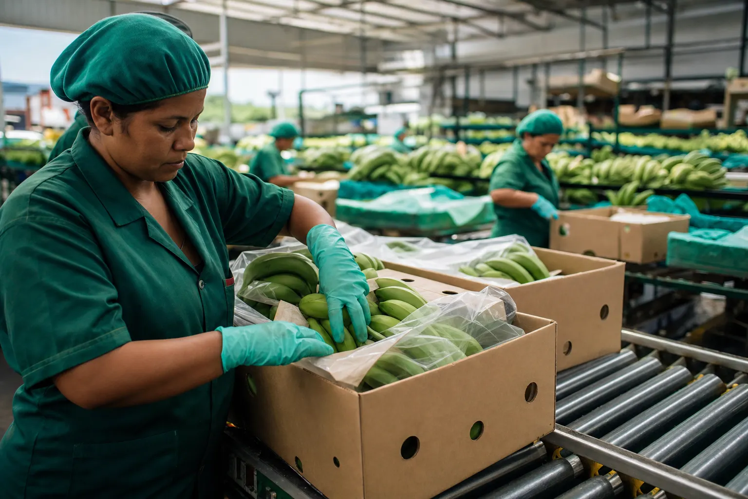 Empaque responsable de banano en cajas de exportación en Urabá
