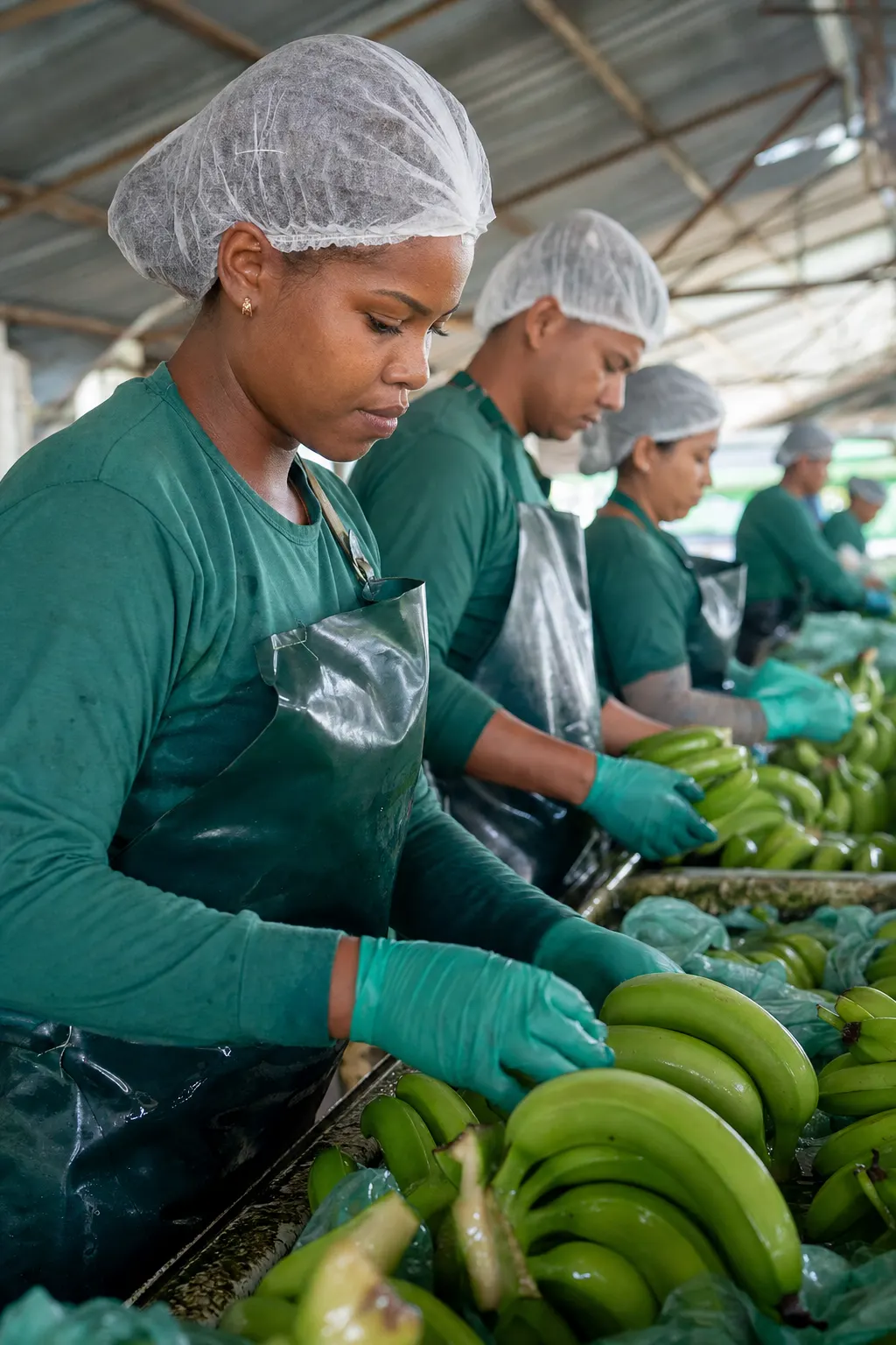 Trabajadores seleccionando banano verde en planta de empaque de Urabá