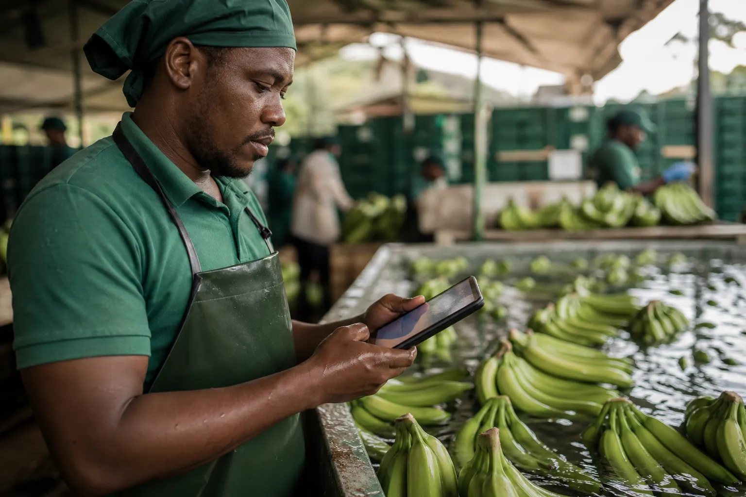 Trabajador revisando trazabilidad de banano con tablet en Urabá