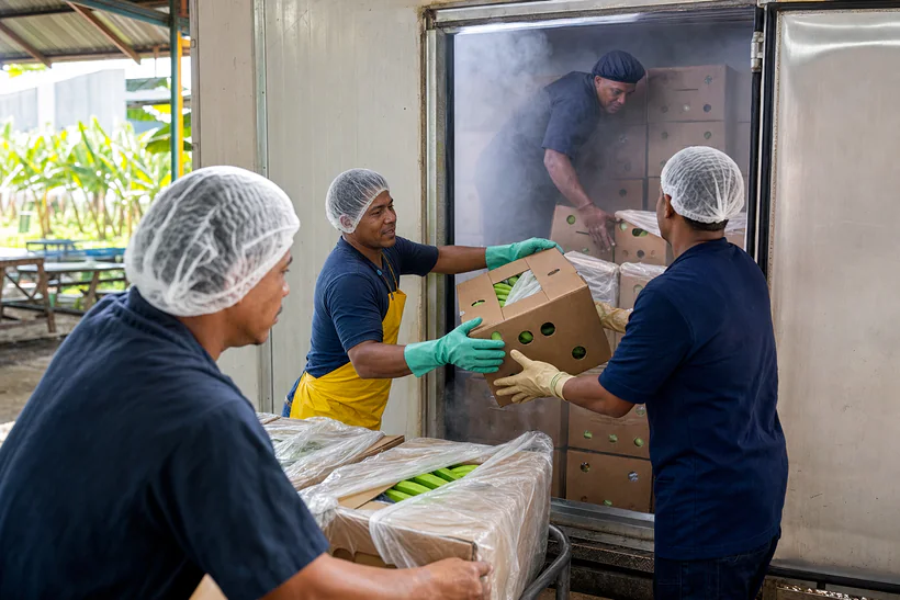 Equipo en Urabá cargando cajas de banano a cadena de frío