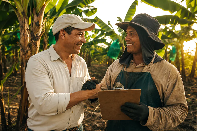 Conversación entre personas del campo en plantación de Urabá
